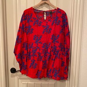 NWOT Blue/Red Floral SHEIN Keyhole Back Peplum Blouse 3X